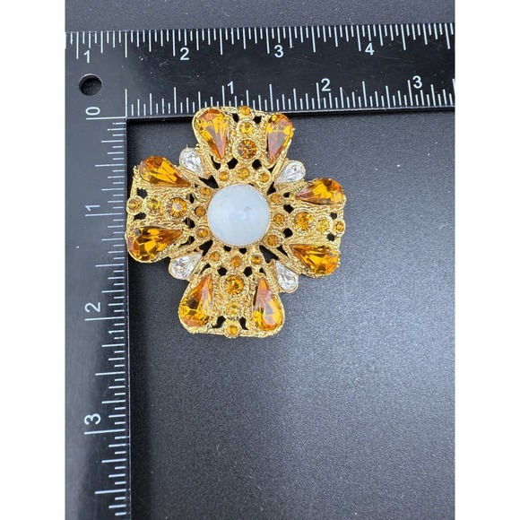 Vintage Brooch Flower Brown Rhinestone White Gold Tone - Picture 6 of 7